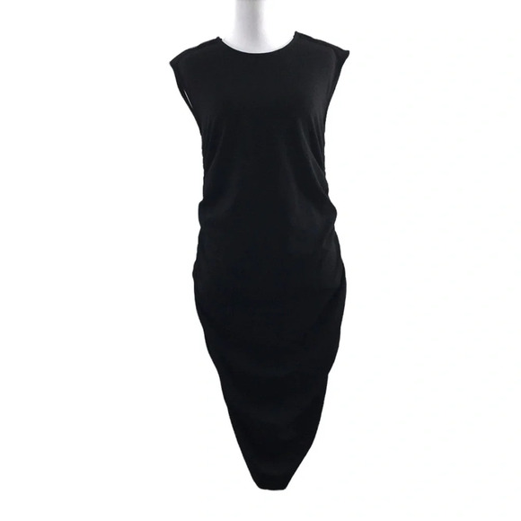 Of Mercer Black Bodycon Midi Dress Womens 2 Sleeveless Snap Shoulder Shirred - Picture 1 of 11
